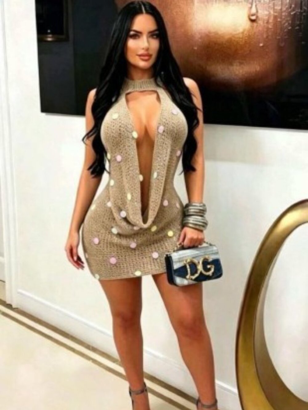 Crochet Halter Mini Dress w/Dots